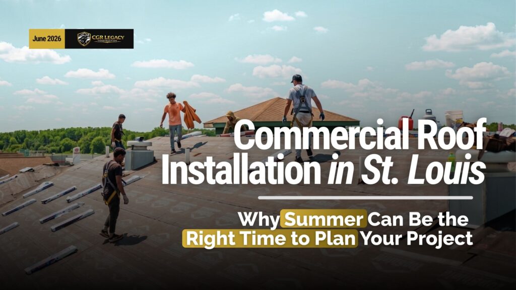Commercial roofing crew installing a flat roof in St. Louis during summer for CGR Legacy Construction.
