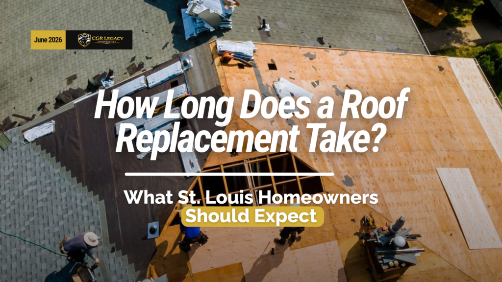 Aerial view of a residential roof replacement project with text reading, “How Long Does a Roof Replacement Take? What St. Louis Homeowners Should Expect.