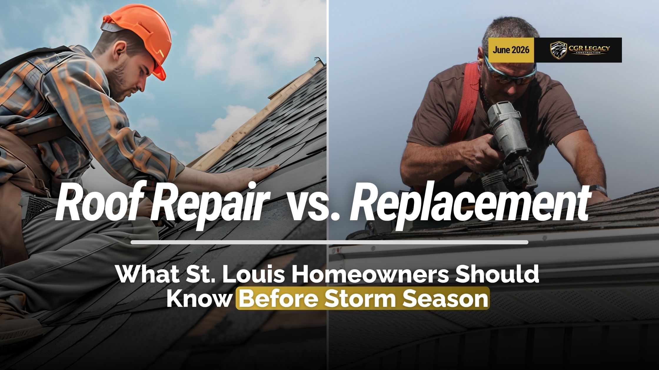 Roof repair vs. roof replacement graphic showing two roofers working on shingles with CGR Legacy Construction branding.