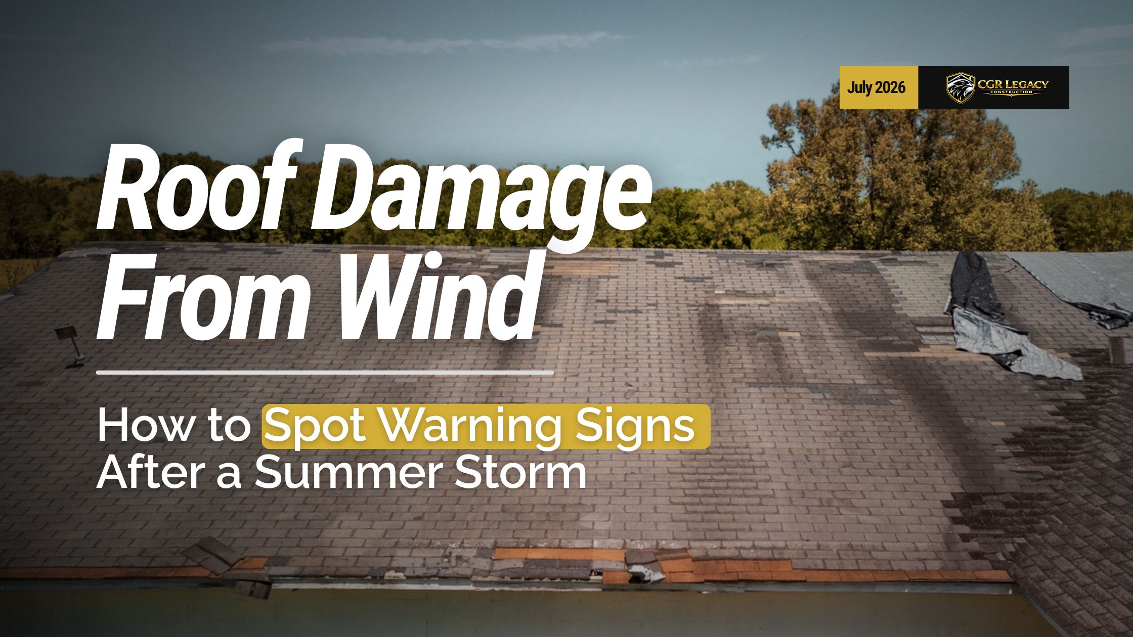 Wind-damaged shingle roof with missing and lifted shingles after a summer storm in St. Louis.