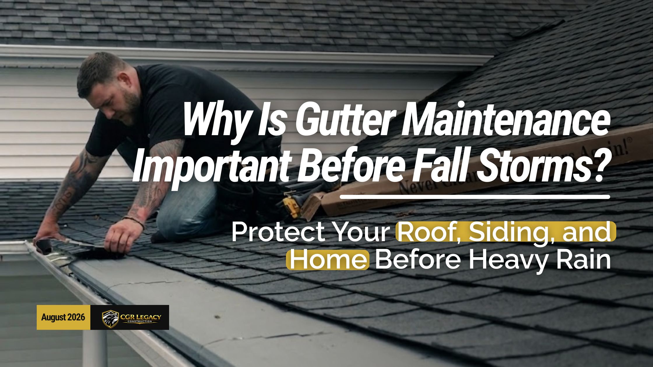 Roofer performing gutter maintenance before fall storms to help protect the roof, siding, and home from heavy rain.