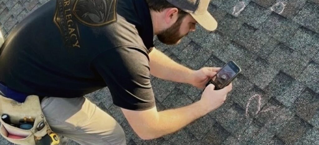CGR Legacy Construction roofer photographing hail marks during a roof inspection