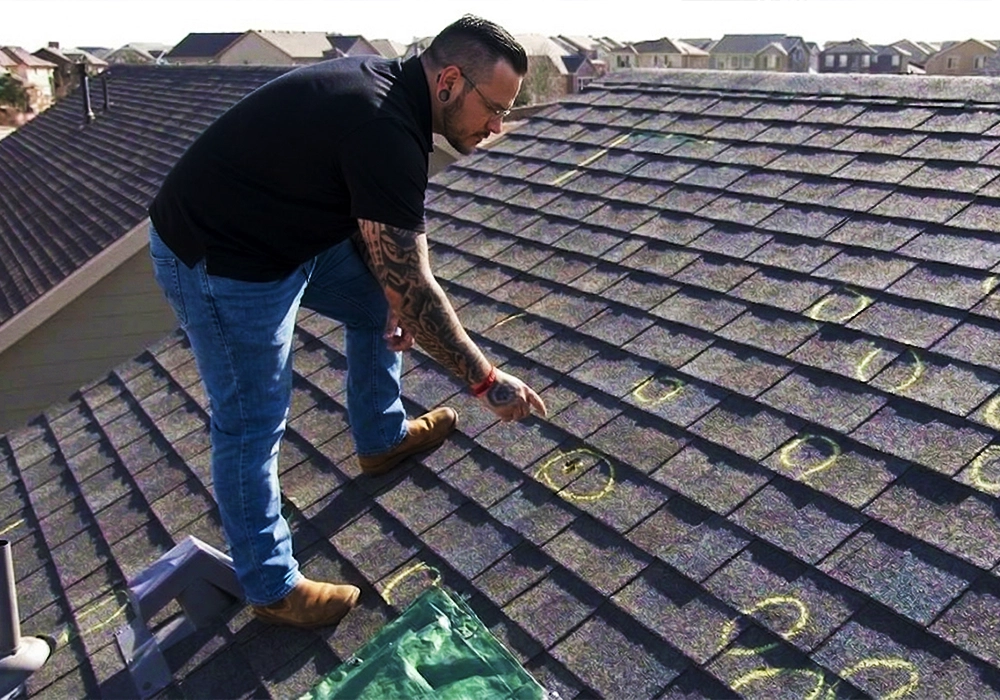 Roofer marking damaged shingles during a roof inspection