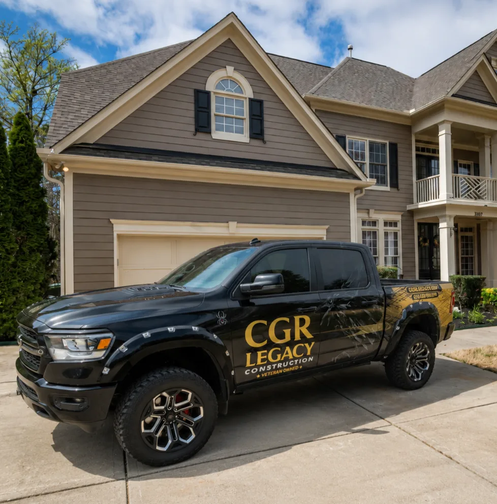 CGR Legacy Construction truck parked outside a two-story home
