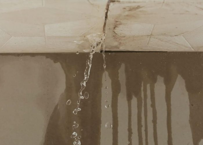 Water leaking through a ceiling from a damaged roof